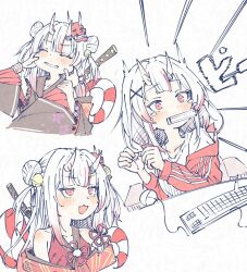  1girl bell hair_bell hair_between_horns hair_ornament hololive horns ken_(houndscombat) kouhaku_nawa mask multicolored_hair nakiri_ayame oni oni_mask red_streaks rope shimenawa skin-covered_horns streaked_hair virtual_youtuber 