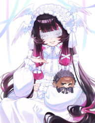  1girl :< absurdres artist_name black_hair black_hairband blue_eyes blunt_bangs blush bow brown_hair character_doll closed_eyes columbina_(genshin_impact) commentary doll dress english_commentary eye_mask feet_out_of_frame fingernails frilled_hairband frills genshin_impact hair_bow hair_ornament hairband hand_up highres holding holding_doll lace lace_mask long_hair long_sleeves mask multicolored_hair protagkunist purple_hair sandrone_(genshin_impact) sidelocks signature smile solo very_long_hair white_background white_bow white_dress white_hairband wing_hair_ornament 