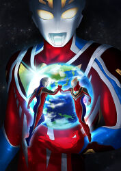  2boys abs absurdres alien armor blue_gem blue_skin chest_guard clenched_hand collarbone color_timer colored_skin commentary compound_eyes cupping_hand dorsal_fin earth_(planet) forehead_jewel form_change full_body gem giant giant_male glint glowing glowing_eyes gold_trim gradient_eyes handshake highres holding_hands knee_up looking_at_another looking_at_viewer male_focus midair mizunotsuki multicolored_eyes multicolored_skin multiple_boys multiple_views muscular muscular_male no_pupils pectorals planet red_skin shoulder_armor silver_skin silver_trim space spine tokusatsu toned toned_male ultra_series ultraman_agul ultraman_agul_(supreme_version) ultraman_gaia ultraman_gaia_(series) ultraman_gaia_(super_supreme_version) ultraman_gaia_(supreme_version) white_eyes yellow_eyes 