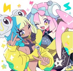  2girls :d alternate_hairstyle bandeau bare_shoulders black_mask blonde_hair blue_eyes blue_hair blue_nails bow-shaped_hair canari_(pokemon) commentary_request dark-skinned_female dark_skin grey_shirt hairstyle_switch halter_shirt halterneck hexagon_print highres iono_(pokemon) jacket long_hair long_sleeves looking_at_viewer low-tied_long_hair mask mouth_mask multicolored_hair multiple_girls navel one_eye_closed open_mouth pink_eyes pink_hair pokemon pokemon_legends:_z-a pokemon_scarlet_and_violet sharp_teeth shirt simple_background sleeves_past_fingers sleeves_past_wrists smile split-color_hair star_(symbol) teeth twintails two-tone_hair tynamo upper_body v white_background x_(symbol) yellow_bandeau yellow_jacket yoshishi_(yosisitoho) 