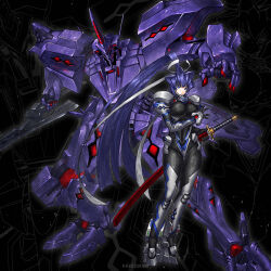  1girl absurdres armored_bodysuit armored_boots artist_name blue_eyes bodysuit boots breasts covered_groin covered_navel english_commentary fortified_suit fortified_suit_(imperial_royal_guard) full_body hair_intakes hair_ribbon highres holding holding_sword holding_weapon horns impossible_bodysuit impossible_clothes katana kreuzer_00 large_breasts long_hair looking_at_viewer mecha mecha_pilot_suit mitsurugi_meiya muv-luv open_mouth ribbon robot science_fiction sheath single_horn skin_tight sword tactical_surface_fighter type_00_takemikazuchi unsheathing weapon white_ribbon zoom_layer 