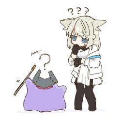  1girl ? ?? amaiwashi animal_ears arknights arknights:_endfield bare_shoulders bird_ears bird_girl black_gloves black_pantyhose blindfold_mask blue_eyes check_commentary commentary_request cosplay ditto dress endministrator_(arknights) endministrator_(arknights)_(cosplay) full_body gloves grey_hair jacket jacket_partially_removed mask open_mouth pantyhose partial_commentary perlica_(arknights) pokemon pokemon_(creature) pokemon_pokopia simple_background sleeveless sleeveless_dress smile white_background white_dress white_jacket 