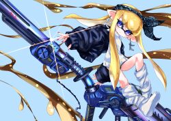  1girl black_hairband black_jacket blonde_hair blue_background bow_hairband commentary e-liter_4k_(splatoon) english_commentary eyelashes glint hairband highres ink inkling inkling_girl inkling_player_character jacket kiss_my_eyelidz leg_warmers long_hair nail_polish open_clothes open_jacket paint pointy_ears red_nails shoes sleeves_past_wrists solo splatoon_(series) splatoon_3 sweater tentacle_hair violet_eyes weapon white_leg_warmers white_shoes white_sweater 