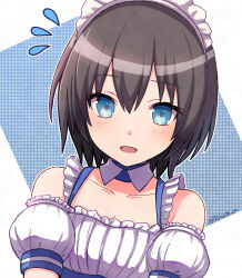  1girl aoi_erika aoi_erika_(deliverer_of_miracle) bare_shoulders black_hair blue_eyes commentary flying_sweatdrops heaven_burns_red highres looking_at_viewer maid maid_headdress open_mouth short_hair toyatopa twitter_username upper_body 