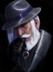  1boy absurdres beard black_gloves chromatic_aberration cigar commentary dated eki_lee facial_hair gloves grey_hat hat highres jp_(street_fighter) male_focus medium_hair old old_man portrait signature smoking solo street_fighter street_fighter_6 variant_set white_hair 