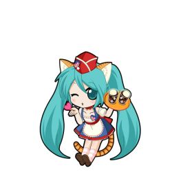  1girl ;o american_flag animal_ear_fluff animal_ears apron aqua_eyes black_outline blowing_kiss blue_dress blush brown_shoes cat_ears cat_girl cat_tail chibi chibi_only choker cola detached_sleeves dress food full_body game_asset garrison_cap hat hatsune_miku hatsune_miku_graphy_collection heart holding holding_tray ice_cream ice_cream_float kemonomimi_mode kneehighs long_hair looking_at_viewer one_eye_closed outline parted_lips puffy_short_sleeves puffy_sleeves red_hat ribbon_choker shoes short_sleeves socks solo striped_clothes striped_socks tail transparent_background tray twintails very_long_hair vocaloid waist_apron waitress white_apron 