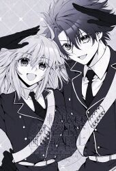  1boy 1girl ahoge arm_around_another's_waist arms_up artist_name belt curtained_hair fate/grand_order fate_(series) fujimaru_ritsuka_(female) fujimaru_ritsuka_(female)_(clan_calatin) fujimaru_ritsuka_(male) fujimaru_ritsuka_(male)_(clan_calatin) gloves kurokichi_(kurochi_ring) looking_at_viewer medium_hair necktie open_mouth salute sash short_hair signature smile upper_body wing_collar 