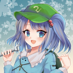  1girl :d backpack bag blue_background blue_hair blush collared_shirt commentary_request contrast_collar dated_commentary floral_background frilled_shirt_collar frills green_bag green_hat hair_bobbles hair_ornament hat holding holding_wrench jewelry kawashiro_nitori kevn key key_necklace long_sleeves medium_hair necklace newsboy_cap open_mouth shirt sleeve_cuffs smile solo swept_bangs touhou twintails wrench 