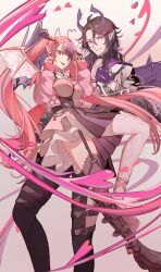  1boy 1girl absurdres ahoge asymmetrical_legwear black_boots black_choker black_hair black_skirt boots breasts bubi_(ironmouse) chain choker demon_girl demon_horns demon_wings hair_ornament head_wings heart heart_ahoge heart_hair_ornament heart_o-ring heart_ring_choker heterochromia highres horns ironmouse ironmouse_(15th_costume) jacket large_breasts long_hair looking_at_viewer mismatched_legwear mozzu123 multicolored_hair multiple_wings o-ring o-ring_choker open_mouth pink_choker pink_eyes pink_hair pink_shoes pink_skirt pointy_ears purple_hair purple_hands purple_streaks sharp_teeth shoes skirt streaked_hair teeth twintails two-tone_skirt violet_eyes virtual_youtuber vshojo white_horns white_jacket wings 