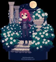  1girl animated animated_gif black_boots black_jacket black_pants blinking boots borrowed_character bush commentary commission dav-19 english_commentary flower full_moon garden glasses grey_shirt holding holding_flower jacket long_hair looping_animation lowres moon night open_clothes open_jacket original pants pillar pixel_art red_eyes red_hair red_scarf rose scarf shirt sky solo sparkle star_(sky) transparent_background web_address white_flower white_rose 