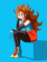  1girl android_21 bare_shoulders black_pantyhose blue_background blue_boots blue_dress blue_eyes boots breasts brown_hair checkered_clothes checkered_dress commentary_request dragon_ball dragon_ball_fighterz dress earrings eyelashes full_body glasses high_heel_boots high_heels highres holding holding_removed_eyewear hoop_earrings jewelry kenran_dokkan pantyhose red_boots red_dress simple_background sitting solo two-tone_dress unworn_eyewear 