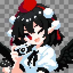  1girl black_hair black_wings blush bow breasts commentary_request hat highres looking_at_viewer open_mouth pixel_art pointy_ears pom_pom_(clothes) red_eyes red_hat shameimaru_aya shirt short_hair short_sleeves skirt smile solo takeez3 tokin_hat touhou white_shirt wings 