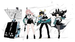  animal_ears aqua_jacket arm_out_of_sleeve asaba_harumasa asymmetrical_gloves black_necktie black_pants black_pantyhose black_shoes black_skirt blue_horns blue_oni blue_skin blunt_bangs clothes_around_waist colored_shoe_soles colored_skin comically_large_ears dress_shirt fox_ears fox_girl gauntlets glasses gloves hair_between_horns headband high-waist_skirt highres horns hoshimi_miyabi jacket jacket_around_waist katana multicolored_horns naginata necktie oni open_mouth pants pantyhose parted_bangs pencil_skirt pink_hair polearm red_eyes ring_hair_ornament shirt shoes simple_background single_gauntlet skin-covered_horns skirt soukaku_(zenless_zone_zero) sword thigh_strap to_te_na tsukishiro_yanagi two-tone_horns watermark weapon white_background white_hair wind yellow_gloves yellow_headband zenless_zone_zero 