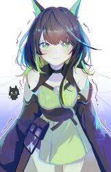  1girl absurdres arknights bare_shoulders belt belt_pouch black_hair black_jacket black_shorts breasts bright_pupils closed_mouth colored_inner_hair commentary dress green_dress green_eyes green_hair highres jacket jacket_partially_removed long_sleeves looking_at_viewer medium_breasts medium_hair mon3tr_(arknights) multicolored_hair off_shoulder open_clothes open_jacket pouch shorts shorts_under_dress simple_background sleeves_past_fingers sleeves_past_wrists solo stethoscope stethoscope_around_neck tearing_up white_background wide_sleeves yunu_nuyu 