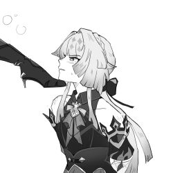  2girls absurdres arms_behind_back ascot bare_shoulders cerydra_(honkai:_star_rail) commentary detached_sleeves dimandsum greyscale hair_intakes highres honkai:_star_rail honkai_(series) hysilens_(honkai:_star_rail) long_hair missing_headwear monochrome multiple_girls sleeveless upper_body very_long_hair 