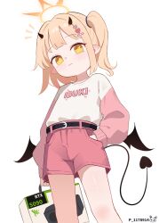 1girl arms_at_sides artist_name belt black_belt black_horns black_wings blonde_hair blue_archive blush character_name closed_mouth clothes_writing commentary demon_horns demon_tail demon_wings fangs feet_out_of_frame geforce_rtx_5090 hair_ornament hairclip halo hand_in_pocket happy highres holding horns ibuki_(blue_archive) loli long_sleeves looking_at_viewer low_wings medium_hair mini_wings pink_shorts pink_sleeves pointy_ears print_shirt rabbit shirt shorts side_ponytail simple_background smile solo sseopik standing tail variant_set white_background white_shirt wings yellow_eyes