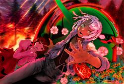  1boy 1girl absurdres akiman brown_hair commentary_request dark-skinned_male dark_skin denim dress dutch_angle fire flower forest gundam hairband highres jeans juliet_sleeves long_sleeves loran_cehack mecha nature official_art outdoors pants puffy_sleeves robot sochie_heim turn_a_gundam turn_a_gundam_(mobile_suit) white_hair 