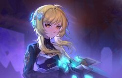  1girl artist_name black_gloves blonde_hair closed_mouth commentary english_commentary feather_hair_ornament feathers flower frown genshin_impact gloves glowing glowing_weapon gun hair_flower hair_ornament hakaina highres holding holding_gun holding_weapon light_particles long_sleeves lumine_(genshin_impact) lumine_(snezhnaya)_(genshin_impact) official_alternate_costume short_hair_with_long_locks solo weapon yellow_eyes 