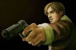  1boy beard_stubble brown_hair brown_jacket clenched_teeth commentary english_commentary facial_hair foreshortening fur_trim furrowed_brow gun handgun highres holding holding_gun holding_weapon jacket leon_s._kennedy looking_to_the_side male_focus parted_lips pyersiki resident_evil resident_evil_4 short_hair solo stubble teeth upper_body weapon 