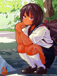  1girl ahea_aheaworks backpack bag black_hair black_skirt blush bob_cut dark_skin hand_on_own_chin highres knees_up loafers looking_to_the_side neckerchief original outdoors pleated_skirt reflection sailor_collar school_uniform serafuku shade shirt shoes short_hair short_sleeves signature skirt socks solo squatting sunlight tree violet_eyes water watermark white_shirt white_socks 