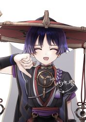  1boy arm_at_side armor black_hair black_kimono black_sleeves blunt_ends choppy_bangs closed_eyes commentary_request dated false_smile furisode genshin_impact gold gold_trim grey_veil hand_up hat highres japanese_armor japanese_clothes jewelry jingasa juban kimono kote kurokote layered_sleeves male_focus mandarin_collar mitsudomoe_(shape) multicolored_hair neck_ring o-ring open_clothes open_kimono open_mouth purple_hair purple_rope purple_sash purple_sleeves red_hat red_kimono red_sash rope sash scaramouche_(genshin_impact) shimenawa smile solo straight-on streaked_hair thumbs_down tomoe_(symbol) upper_body veil white_background white_kimono white_rope yuzuko_to_love 