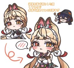  2girls :t alice_thymefield alice_thymefield_(sea_of_thyme) animal_ears belle_(summer_skies)_(zenless_zone_zero) belle_(zenless_zone_zero) blonde_hair blue_hair blush breasts bucket_hat chibi chibi_only closed_eyes commentary_request dress_swimsuit hair_ornament hat heterochromia highres long_hair looking_at_viewer multiple_girls neguse1233 official_alternate_costume one-piece_swimsuit pink_one-piece_swimsuit pout rabbit_ears rabbit_girl red_eyes shirt short_hair simple_background speech_bubble sphere_hair_ornament star_(symbol) swimsuit twintails two-tone_one-piece_swimsuit white_background white_one-piece_swimsuit white_shirt yellow_eyes zenless_zone_zero 