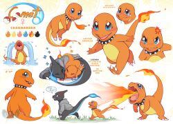  absurdres alternate_color alternate_shiny_pokemon anger_vein blush_stickers breath_weapon breathing_fire character_name charmander charmeleon claws collar commentary crying english_commentary english_text fangs fire flame-tipped_tail following grey_jacket highres hood hood_down jacket multiple_views no_humans open_mouth original pokemon pokemon_(creature) speech_bubble spiked_collar spikes streaming_tears tail tears tytofi white_background zzz 