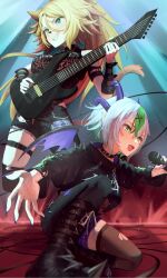  2girls animal_ears apricot_the_lich apricot_the_lich_(goth) asymmetrical_pants bandaid bandaid_on_face bandaid_on_nose black_hoodie blonde_hair blue_eyes boots breasts cat_ears cat_girl cat_tail collar cropped_hoodie demon_girl demon_horns demon_wings electric_guitar green_eyes green_hair grey_hair guitar hair_between_eyes hair_ornament highres hood hoodie horn_piercing horns indie_virtual_youtuber instrument large_breasts long_hair medium_breasts microphone mozzu123 multicolored_hair multiple_girls multiple_horns obkatiekat obkatiekat_(2nd_costume) open_mouth pink_hair pointy_ears ponytail purple_horns short_hair spiked_collar spikes streaked_hair tail thigh-highs thigh_strap thighs virtual_youtuber vshojo wings x_hair_ornament 