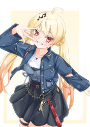  1girl absurdres ahoge alternate_hairstyle black_skirt blonde_hair blue_jacket blush closed_mouth highres hololive hololive_dev_is jacket long_hair looking_at_viewer nyang-kaz otonose_kanade red_eyes shirt skirt smile solo thigh_strap twintails very_long_hair virtual_youtuber white_shirt 