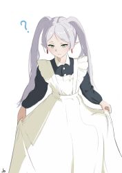  1girl ? absurdres apron black_dress closed_mouth commentary dress earrings elf english_commentary enmaided frieren green_eyes grey_hair highres jewelry joadv long_hair maid maid_apron pointy_ears simple_background solo sousou_no_frieren twintails white_apron white_background 