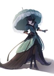  1girl absurdres baiguguya black_boots black_hair bonnet boots chinese_commentary chinstrap closed_eyes closed_mouth commentary_request crossed_legs dress elbow_gloves expressionless facing_to_the_side fate/grand_order fate_(series) full_body fur-trimmed_dress fur_trim gloves gothic_lolita green_bonnet green_umbrella green_wrist_cuffs hair_between_eyes hand_up high-low_dress highres holding holding_umbrella jewelry knee_boots kuonji_alice kuonji_alice_(third_ascension) lolita_fashion mahou_tsukai_no_yoru necklace pantyhose puffy_short_sleeves puffy_sleeves see-through_clothes see-through_gloves short_hair short_sleeves silver_trim simple_background solo standing umbrella watson_cross white_background wrist_cuffs 