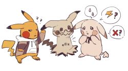  1girl 2boys ? aotsuki_eito aotsuki_eito_(cosplay) commentary confused cosplay english_commentary glasses hood hoodie jacket kirifuji_nozomi kirifuji_nozomi_(cosplay) lightning_bolt_symbol mimikyu multiple_boys necktie peakychu pikachu pikachu_tail_(female) pokemon pokemon_(creature) pokemon_focus sumino_takumi sumino_takumi_(cosplay) sweatdrop the_hundred_line_-last_defense_academy- white_background x_(symbol) yasudas 