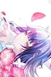  1girl black_hair columbina_(genshin_impact) flower genshin_impact hair_ornament hair_ribbon head_wings highres long_hair multicolored_hair potatomochi_(potatomochi_7) purple_hair purple_streaks red_eyes red_flower ribbon simple_background solo streaked_hair two-tone_hair white_background white_wings wing_hair_ornament wings 