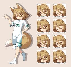  >:( 1girl 4rion :d :o absurdres angry animal_ears arm_up blush brown_hair closed_eyes closed_mouth commentary_request curtained_hair dot_nose drop_shadow flat_chest flustered fox_ears fox_girl fox_shadow_puppet fox_tail frown full_body green_ribbon hair_between_eyes hand_on_own_hip happy highres holding holding_test_tube jitome kudamaki_tsukasa long_hair_between_eyes looking_at_viewer medium_hair multiple_expressions open_mouth raised_eyebrows raised_inner_eyebrows ribbon romper sad short_sleeves simple_background sleeve_ribbon smile smug socks sweatdrop tail test_tube touhou v-shaped_eyebrows walking white_romper white_socks yellow_eyes 