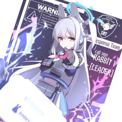  1girl animal_ear_headphones animal_ears black_bow black_gloves blue_archive blue_halo blue_skirt bow braid bulletproof_vest chain-link_fence closed_mouth cowboy_shot determined dutch_angle fake_animal_ears fence gloves hair_bow half_up_braid halo headphones headset highres industrial_pipe knife_sheath kurosaki_saya long_hair long_sleeves looking_at_viewer miyako_(blue_archive) multicolored_gloves neckerchief one_side_up pink_gloves pink_neckerchief pointing pointing_at_viewer pouch rabbit_ear_headphones rabbit_ears school_uniform sheath sidelocks skirt solo tactical_school_uniform two-tone_gloves very_long_hair violet_eyes white_hair 