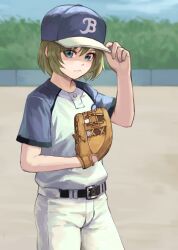  1girl adjusting_clothes adjusting_headwear aqua_eyes baseball_cap baseball_mitt baseball_uniform belt black_belt blonde_hair blue_hat blue_shirt closed_mouth fagi_(kakikaki) hat major major_2nd mayumura_michiru multicolored_hat multicolored_shirt outdoors pants shirt short_hair short_sleeves solo sportswear white_hat white_pants white_shirt 