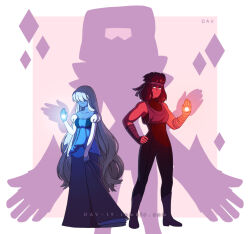  3girls alternate_hairstyle blue_skin colored_skin dav-19 dress full_body garnet_(steven_universe) gem gem_(steven_universe) hair_over_eyes headband long_hair multiple_girls red_skin ruby_(steven_universe) sapphire_(steven_universe) short_hair smile standing steven_universe 