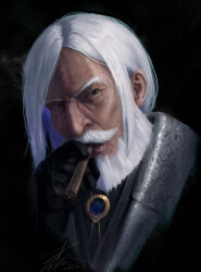  1boy absurdres beard black_gloves chromatic_aberration cigar commentary dated eki_lee facial_hair gloves highres jp_(street_fighter) male_focus medium_hair old old_man portrait signature smoking solo street_fighter street_fighter_6 variant_set white_hair 