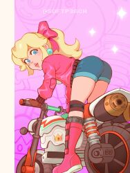  1girl artist_name blonde_hair blue_eyes blue_shorts boots brown_gloves earrings fingerless_gloves gloves hair_ribbon highres jacket jewelry looking_at_viewer looking_back mario_kart mario_kart_world motor_vehicle motorcycle official_alternate_costume open_mouth pink_boots pink_jacket pink_ribbon ponytail princess_peach princess_peach_(touring) ribbon short_shorts shorts softp3ach solo sparkle sphere_earrings super_mario_bros. 