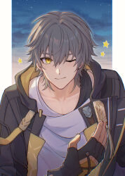  1boy black_gloves caelus_(honkai:_star_rail) closed_mouth commentary_request fingernails gloves grey_hair hair_between_eyes hand_up highres honkai:_star_rail honkai_(series) jacket looking_at_viewer male_focus one_eye_closed open_clothes open_jacket outstretched_hand rune_(rne_at) shirt smile solo sparkle trailblazer_(honkai:_star_rail) white_shirt yellow_eyes 
