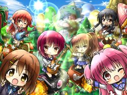  >_< 6+girls ;d ahoge angel_beats! black_hair blue_ribbon blue_skirt blush bocchi_the_rock! bow bowtie brown_eyes brown_hair chibi chibi_only closed_mouth commentary_request crossover day dinosaur_costume double_v electric_guitar fang full_body genre_connection gotoh_hitori guitar hirasawa_yui hisako_(angel_beats!) holding holding_guitar holding_instrument instrument iwasawa_masami k-on! kita_ikuyo long_hair looking_at_viewer marihei64ds multiple_crossover multiple_girls nakano_azusa one_eye_closed open_mouth outdoors outstretched_arm pink_hair ponytail red_bow red_bowtie red_hair ribbon sakuragaoka_high_school_uniform school_uniform shinda_sekai_sensen_uniform short_hair shuka_high_school_uniform side_ponytail skirt smile sparkle sunlight trait_connection twintails two_side_up upper_body v waving winter_uniform yellow_eyes yui_(angel_beats!) 