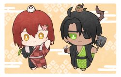  2boys ahoge alternate_costume animal_on_head aragami_oga bird bird_on_head black_hair black_haori blush_stickers checkered_clothes checkered_kimono chibi chibi_only chungami cup dark-skinned_male dark_skin demon_horns drinking_glass drinking_straw edamame egasumi eyepatch green_eyes green_kimono hanasaki_miyabi hand_fan haori holding holding_cup holding_fan holostars horns japanese_clothes kanoko_(pattern) kimono kyomu_suzume male_focus mioto_(tsubsq_m) multiple_boys on_head paper_fan red_hair red_kimono single_horn smile two-tone_kimono uchiwa virtual_youtuber yellow_background yellow_eyes yukata 