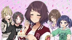  +_+ 5girls black_hair black_shirt blonde_hair blue_scrunchie blush brown_hair brown_shirt cake closed_eyes closed_mouth commentary_request confetti drooling food fork fruit green_hoodie hair_ornament hair_over_one_eye hair_ribbon hair_scrunchie hairclip high_ponytail highres holding holding_fork holding_plate holding_spoon hood hoodie itou_momiji jacket kazamatsuri_asahi komurasaki_momoka long_hair mole mole_under_eye multicolored_hair multiple_girls naekawa_yawara open_clothes open_jacket open_mouth palms_together pink_hair plate ponytail purple_hair purple_ribbon purple_shirt red_hair ribbon ryochapu scrunchie shine_post shirt short_hair spoon strawberry striped_clothes striped_shirt takamura_hibiki twintails upper_body 