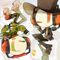  2boys ;( ;d absurdres adjusting_headphones at_computer bald black_hat black_jacket black_pants black_scarf black_shoes blue_outline burt_curtis buttons charles_calvin chibi chibi_only chinese_commentary closed_mouth colored_skin commentary_request computer crossed_legs expressionless fewer_digits film_grain frown full_body green_eyes green_jacket grey_sweater halftone hand_on_own_hip hand_up hat headphones headset henry_stickmin_(series) highres invisible_chair jacket jitome knee_up laptop layered_sleeves long_sleeves looking_at_viewer male_focus muchuizzzzz multiple_boys no_nose notice_lines on_lap one_eye_closed open_clothes open_jacket open_mouth orange_eyes outline pants pointing pointing_at_self pointing_with_thumb puffy_long_sleeves puffy_sleeves raised_eyebrows red_shoes sample_watermark scarf shoelaces shoes simple_background sitting smile striped_clothes striped_scarf sweater top_hat turtleneck turtleneck_sweater upside-down vertical-striped_clothes vertical-striped_scarf very_big_eyes watermark white_background white_skin zipper zoom_layer 
