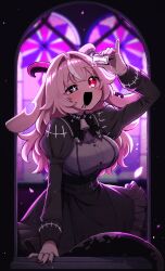  1girl :d animal_ears arm_up bell black_bow black_bowtie black_eyes black_jacket black_skirt bow bowtie breasts church commentary_request cropped_jacket cup femme_soule goat_ears goat_horns grey_shirt hair_intakes half-closed_eye heterochromia high-waist_skirt highres holding holding_cup horns indoors jacket long_hair medium_breasts miminaga_eared multicolored_hair neck_bell open_mouth pink_hair pukey_goddess_shot_trick red_eyes saliva saliva_trail shirt sidelocks skirt smile solo stained_glass streaked_hair white_streaks window 