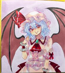  1girl absurdres ascot back_bow bat_wings blue_hair blush bow closed_mouth collared_shirt commentary_request frilled_shirt_collar frills hair_between_eyes hat hat_ribbon highres looking_at_viewer mitsu~ mob_cap pink_hat pink_shirt pink_skirt puffy_short_sleeves puffy_sleeves red_ascot red_bow red_eyes remilia_scarlet ribbon shirt short_sleeves skirt skirt_set sleeve_bow smile solo touhou traditional_media wings wrist_cuffs 