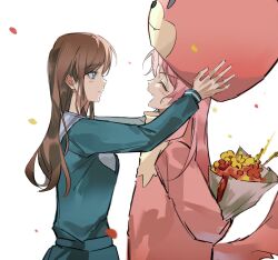  2girls bang_dream! bang_dream!_it's_mygo!!!!! blue_eyes blue_shirt blush bouquet brown_hair chihaya_anon closed_eyes fang highres holding holding_bouquet long_hair long_sleeves multiple_girls nagasaki_soyo onesie open_mouth pink_hair school_uniform shiba257 shirt simple_background tsukinomori_school_uniform white_background 