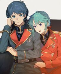  alternate_universe badge belt blue_eyes chair char's_counterattack commentary_request green_hair green_jacket gundam gundam_gihren_no_yabou jacket kamille_bidan kasumi_(skchkko) military_uniform neo_zeon quess_paraya red_jacket red_ribbon ribbon zeta_gundam 