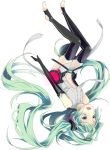  bad_id barefoot elbow_gloves fen_renlei gloves green_eyes green_hair hatsune_miku hatsune_miku_(append) long_hair miku_append navel necktie open_mouth simple_background solo thigh-highs thighhighs twintails upside-down very_long_hair vocaloid vocaloid_append 
