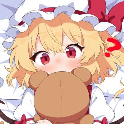  1girl ? bed blonde_hair blush blush_stickers covering_own_mouth crystal_wings flandre_scarlet hat hat_ribbon holding holding_stuffed_toy hugging_object looking_at_viewer lying masakamea mob_cap on_back puffy_short_sleeves puffy_sleeves red_eyes red_vest ribbon ribbon-trimmed_sleeves ribbon_trim shirt short_hair short_sleeves side_ponytail solo stuffed_toy touhou upper_body vest white_shirt wings 